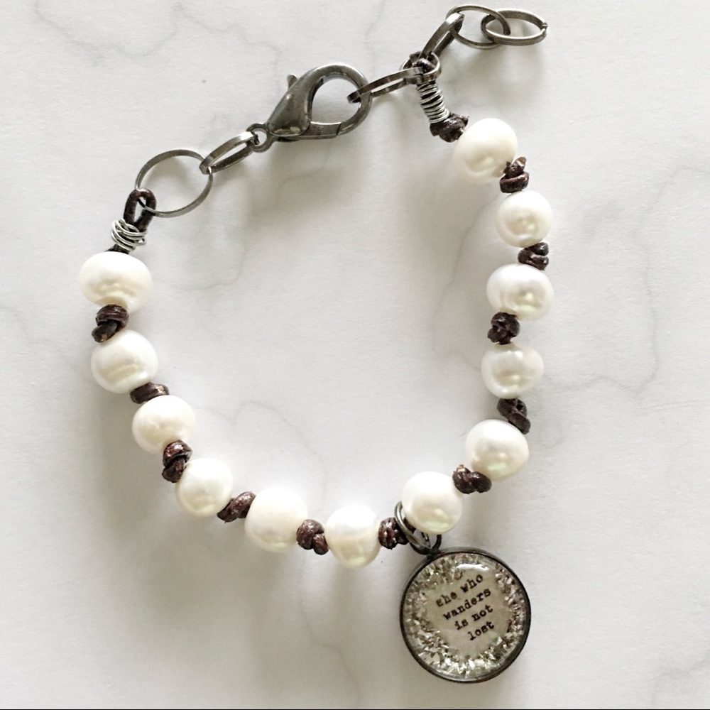 Beth Quinn Pearl, Leather, and Charm Bracelet